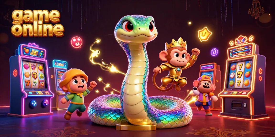 Engage with fun in this vibrant game online illustration featuring casino elements and a colorful serpent.