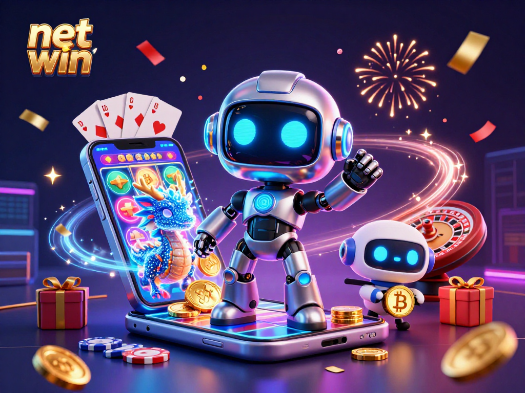 Engage in the net win experience with a vibrant cyberpunk scene featuring a robot mascot and holographic elements.