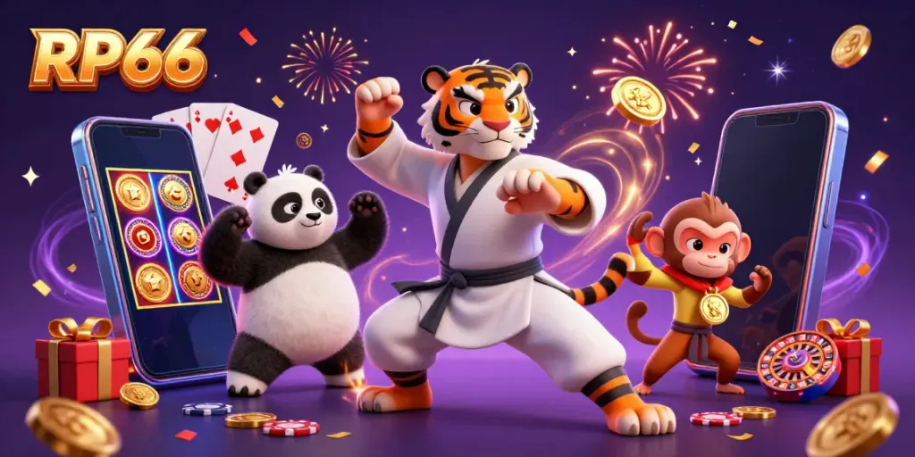 Experience the thrill of winning on RP66 with a playful scene featuring kung fu characters and vibrant casino elements.