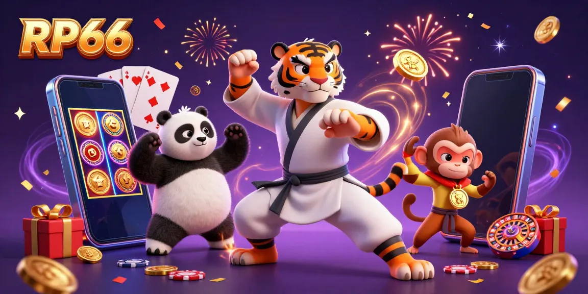 Experience the thrill of winning on RP66 with a playful scene featuring kung fu characters and vibrant casino elements.