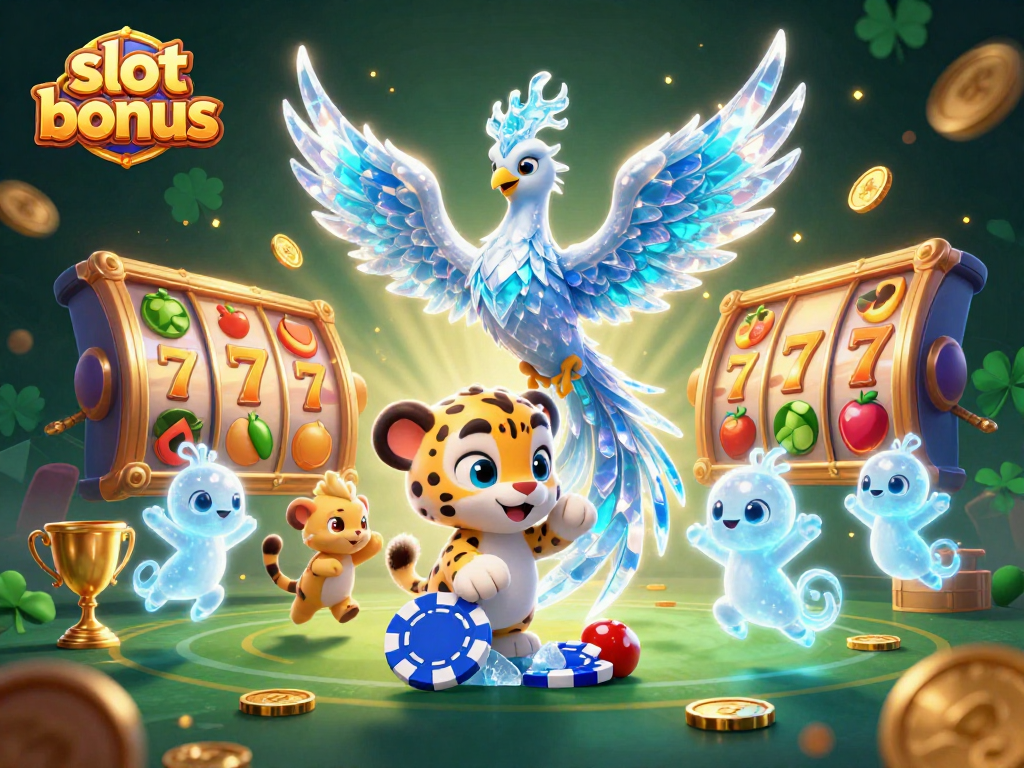 Experience the excitement of the slot bonus with a vibrant 3D illustration of an ice phoenix and gaming elements.