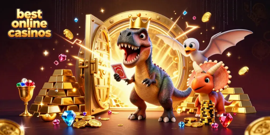 Experience the best online casinos with a fun dinosaur-themed casino game scene.