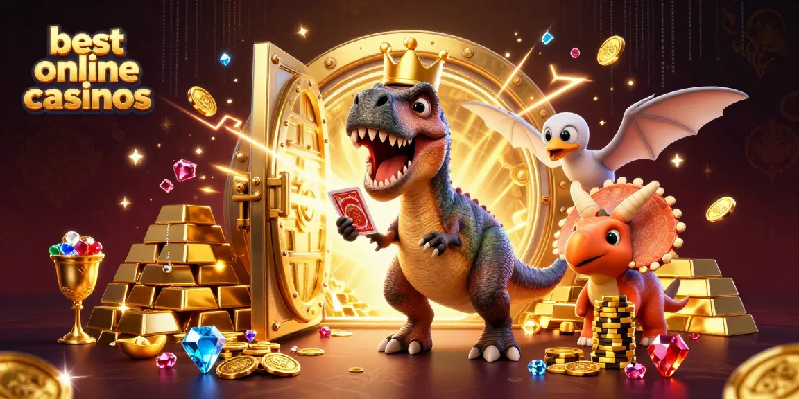 Experience the best online casinos with a fun dinosaur-themed casino game scene.