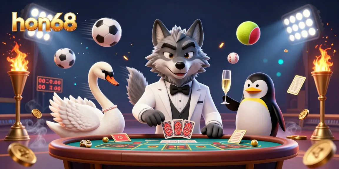 Engage with hon68's elite gaming experience through vivid 3D cartoon characters at a baccarat table.