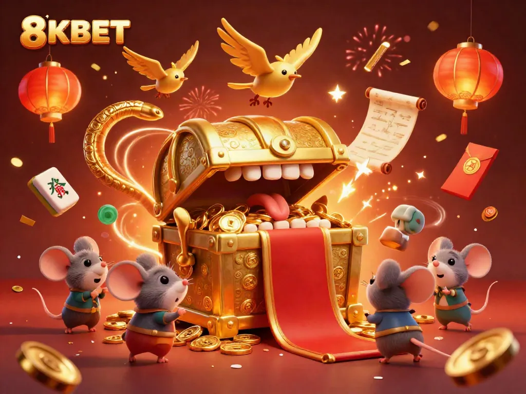 Experience the excitement of 8KBET with a treasure chest scene showcasing riches and vibrant casino elements.
