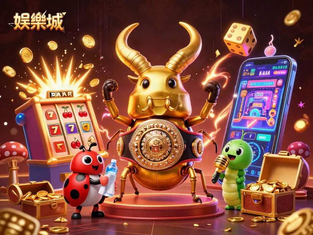 在娱乐城中,巨型金色独角虫以重量级冠军腰带对峙,展示赌博的惊险与快感