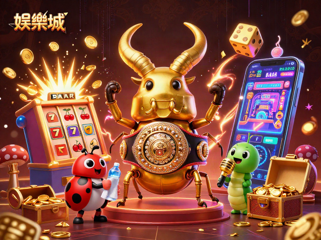 在娱乐城中，巨型金色独角虫以重量级冠军腰带对峙，展示赌博的惊险与快感