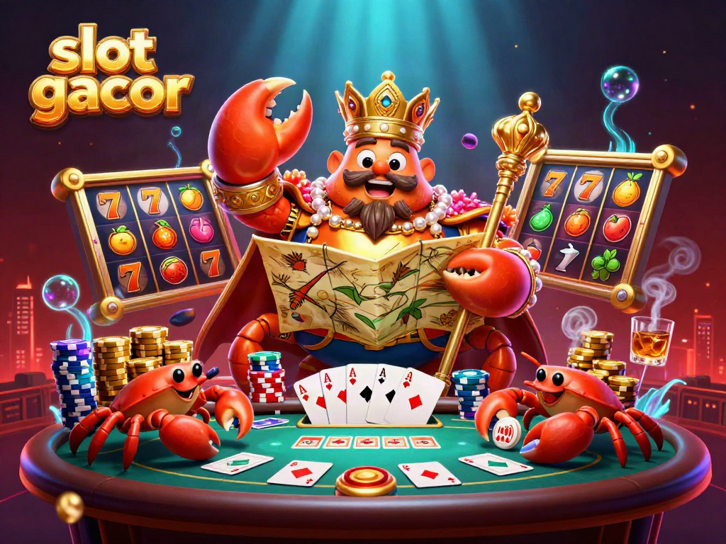 Engage with slot gacor scenes featuring a golden crab emperor amidst rich casino elements.