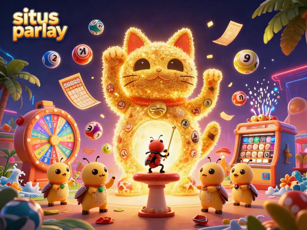Engage with situs parlay by enjoying an ultra-detailed scene featuring a lucky cat and casino symbols.