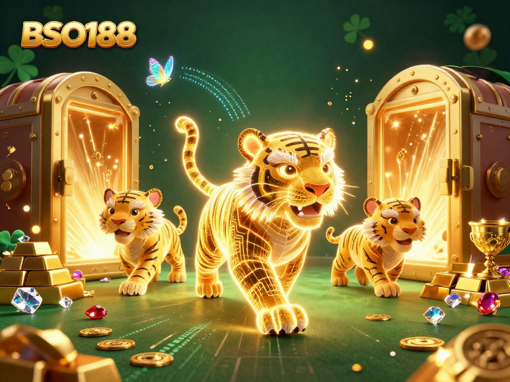 Experience thrilling gameplay at BSO188 with vibrant 3D digital casino elements and golden treasures.