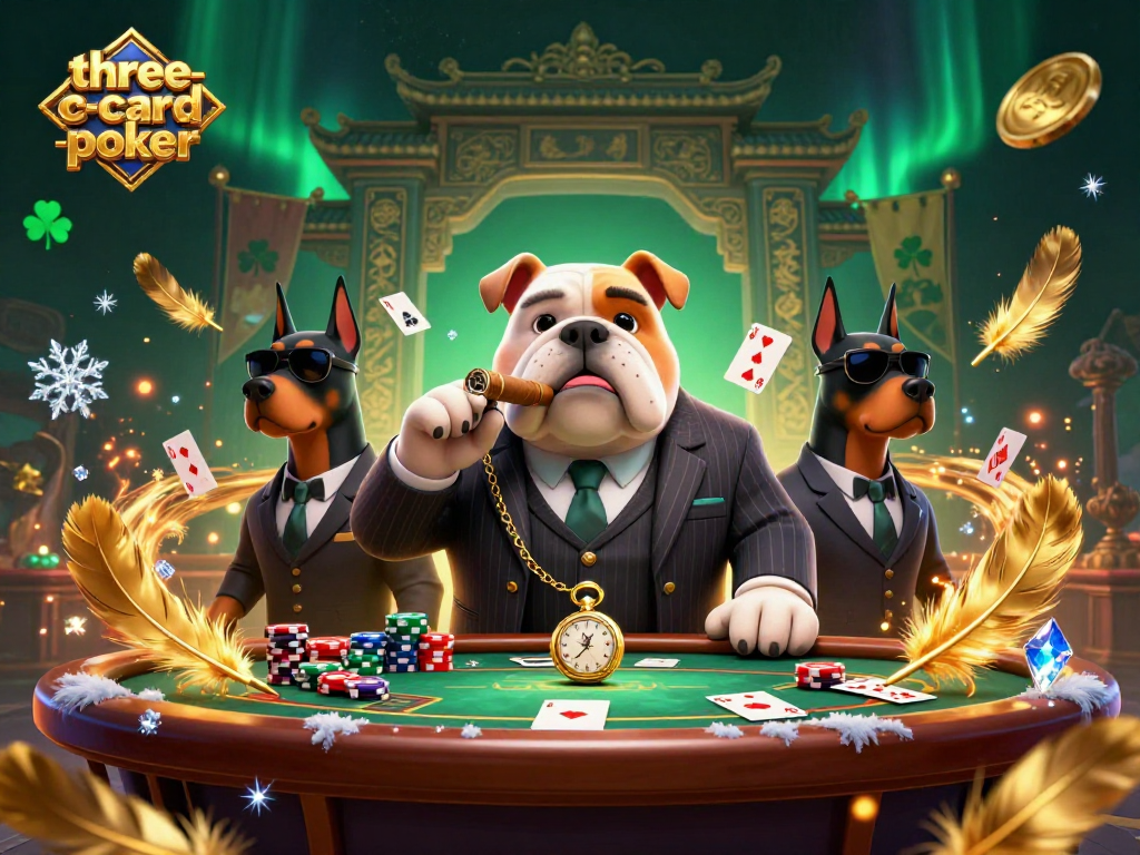 Engage in three-card-poker with a detailed scene of a mafia bulldog and Doberman bodyguards at a vibrant poker table.