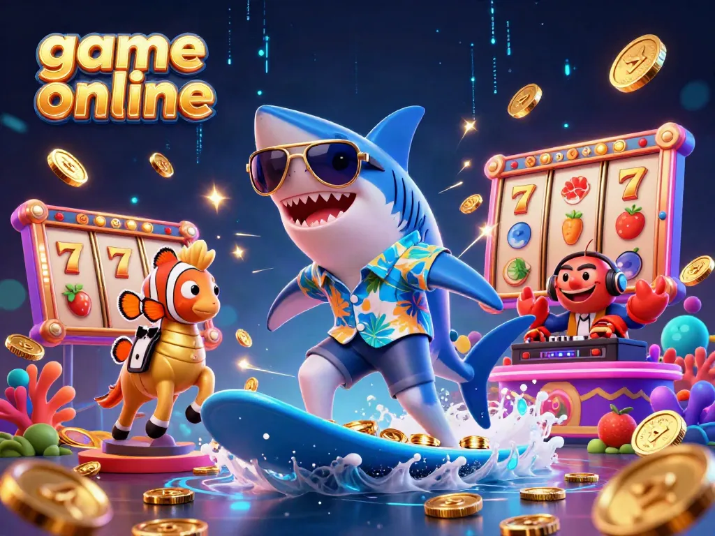 Game online vibrant illustration featuring a shark, clownfish, and DJ crabs enjoying casino elements.