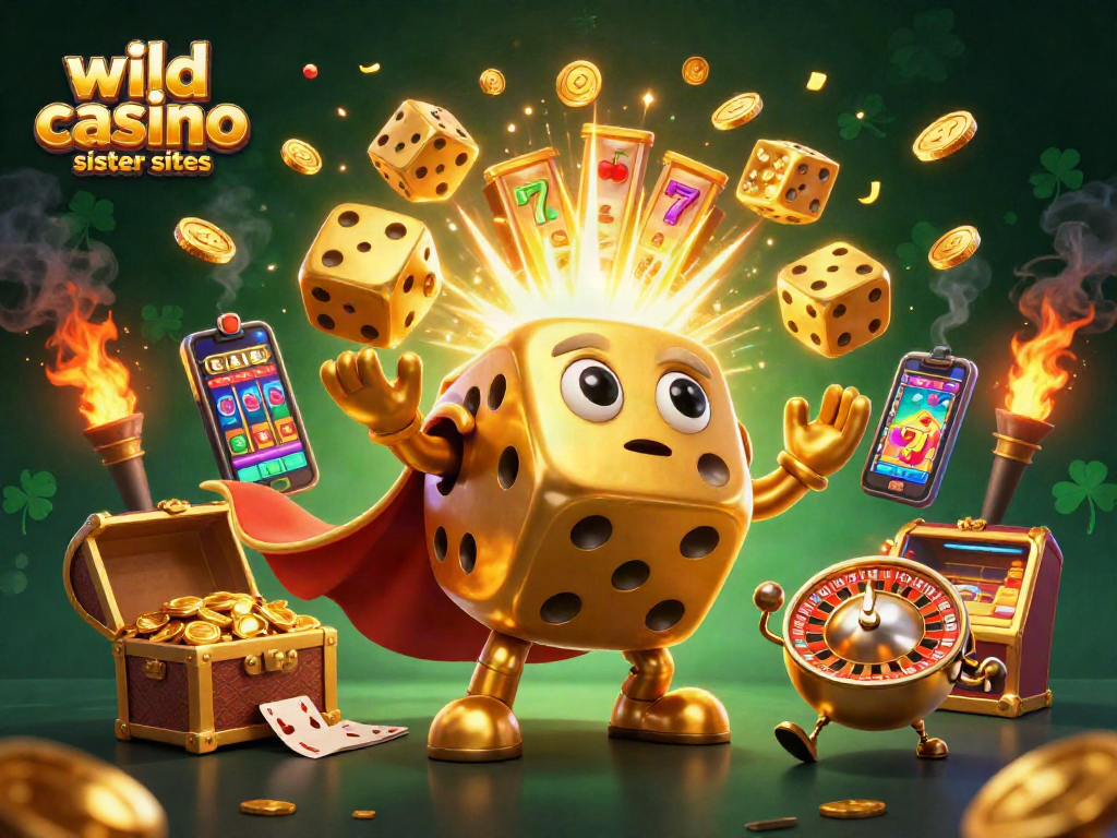 Experience the excitement at wild casino sister sites with a vibrant 3D casino scene featuring golden characters and jackpot elements.