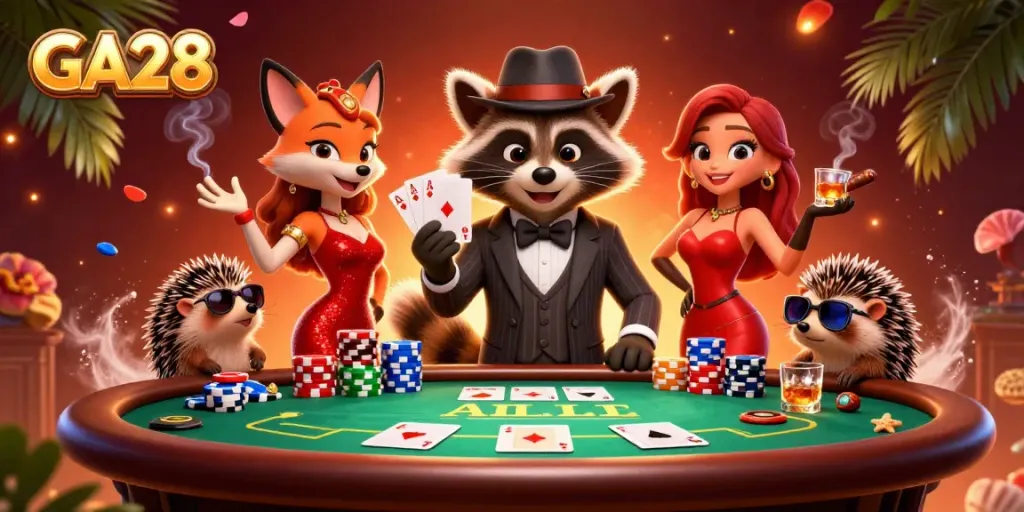 Experience GA28 with a suave raccoon, a fox lady, and a hedgehog bouncer at a dynamic poker table.