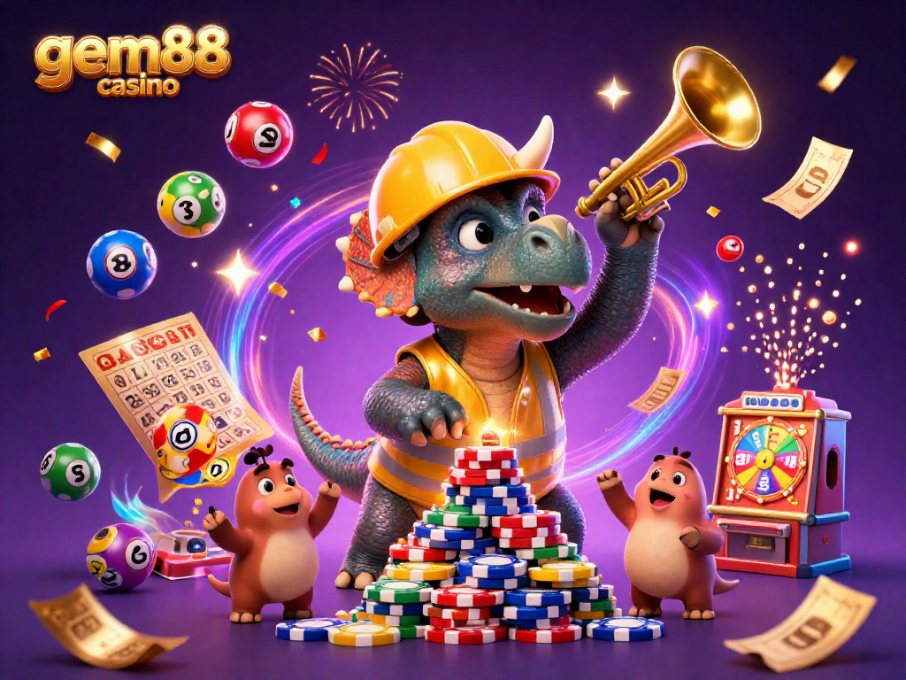 Experience gem88 casino excitement with lively illustration of playful dinosaurs and vibrant gambling elements.