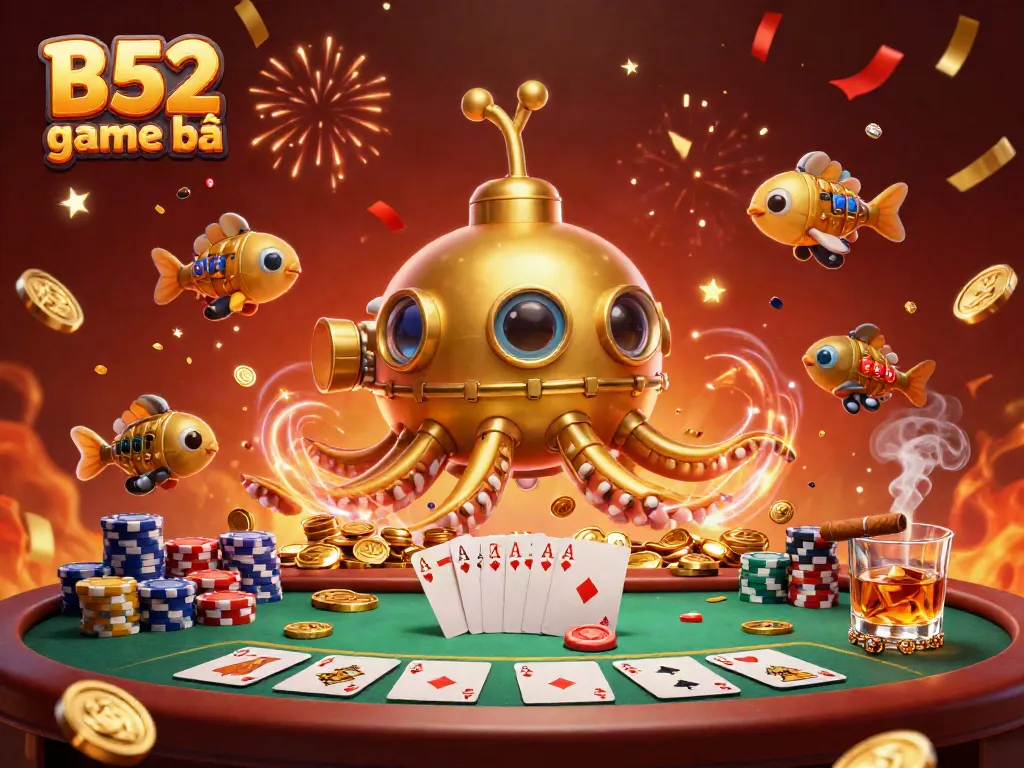 Experience the exciting world of B52 game bài with a dynamic scene of a golden kraken and poker elements.