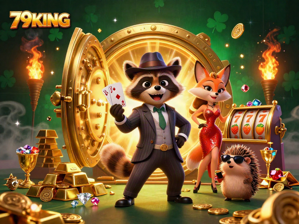 Engage with thrilling games at 79KING while witnessing raccoon and fox characters in a vibrant casino setting.
