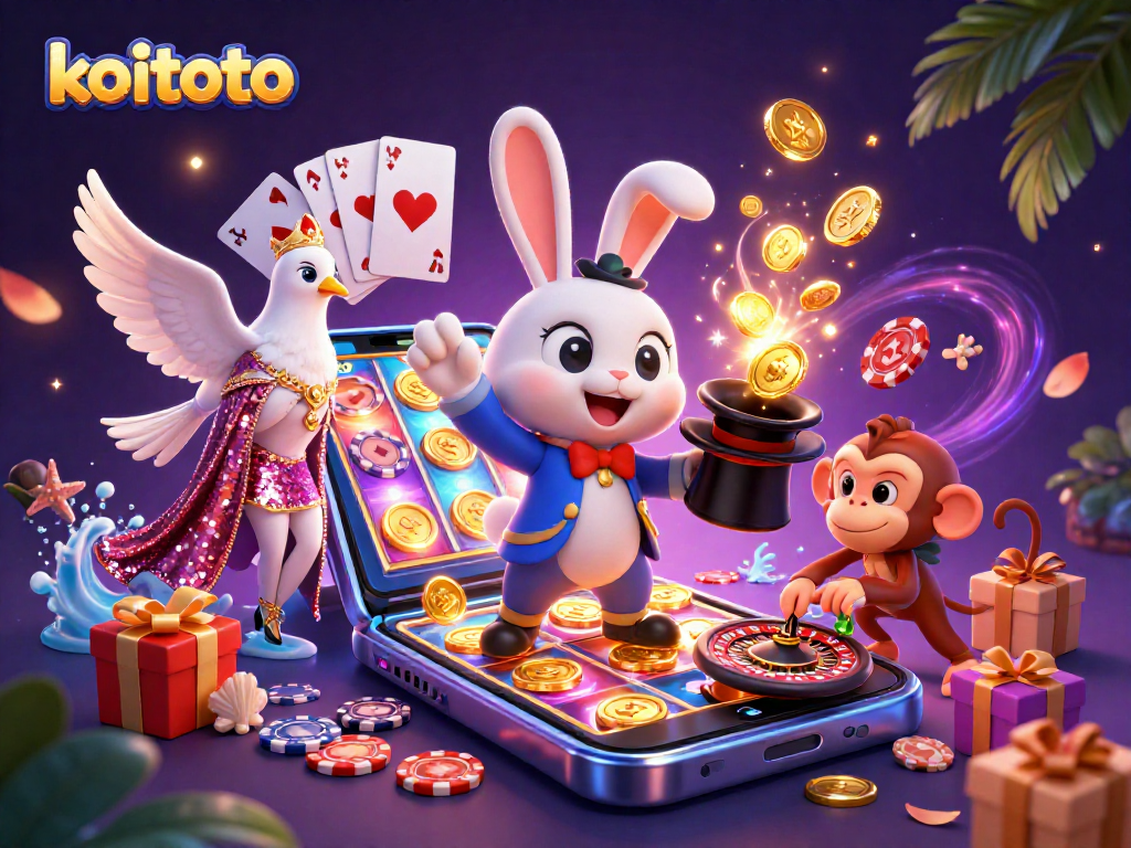 Koitoto menghadirkan pengalaman bermain slot gacor dengan latar ilustrasi kasino yang ramai dan menarik.