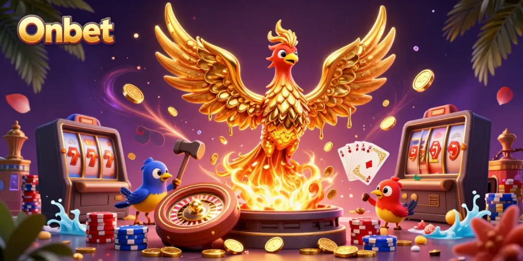 Experience the thrilling world of Onbet with a majestic golden phoenix amidst dynamic casino elements.