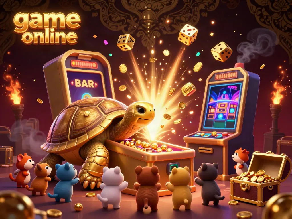 Experience thrilling game online action with a golden tortoise pinball machine surrounded by vibrant casino elements.