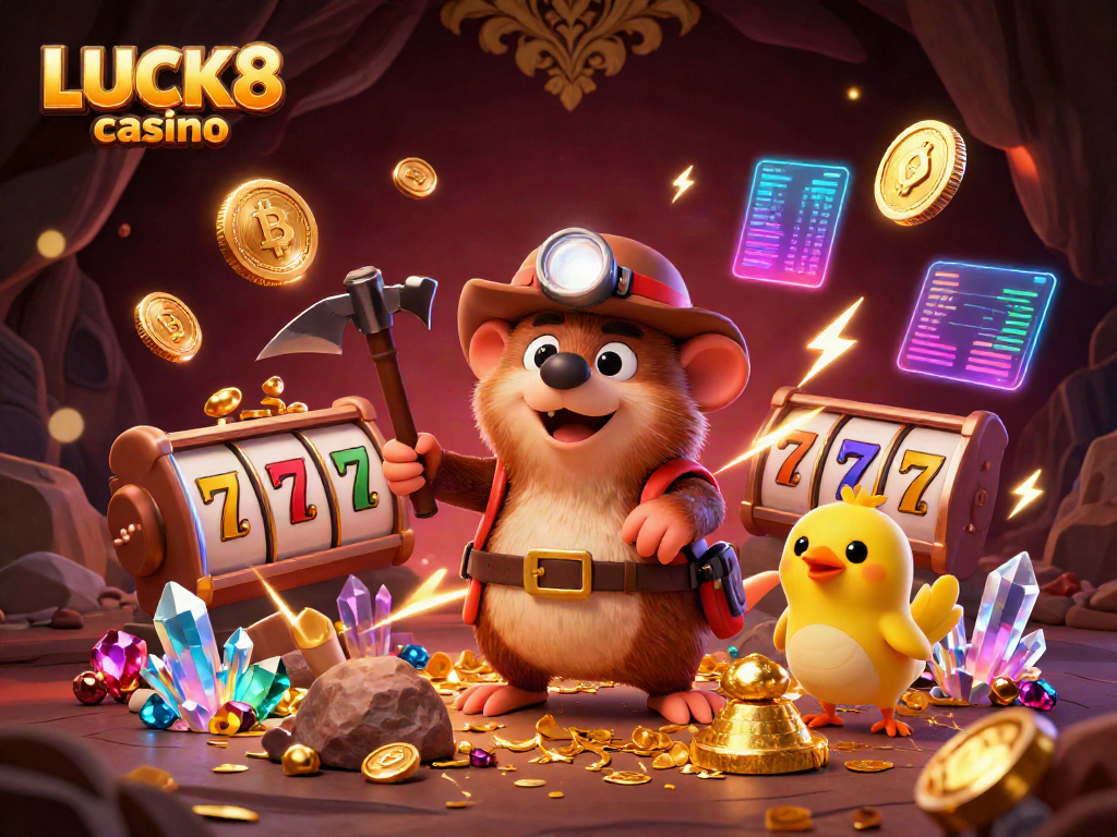 Experience exhilarating gameplay with LUCK8 casino's vibrant themed illustration, featuring a treasure hunter mole amidst slot reels.