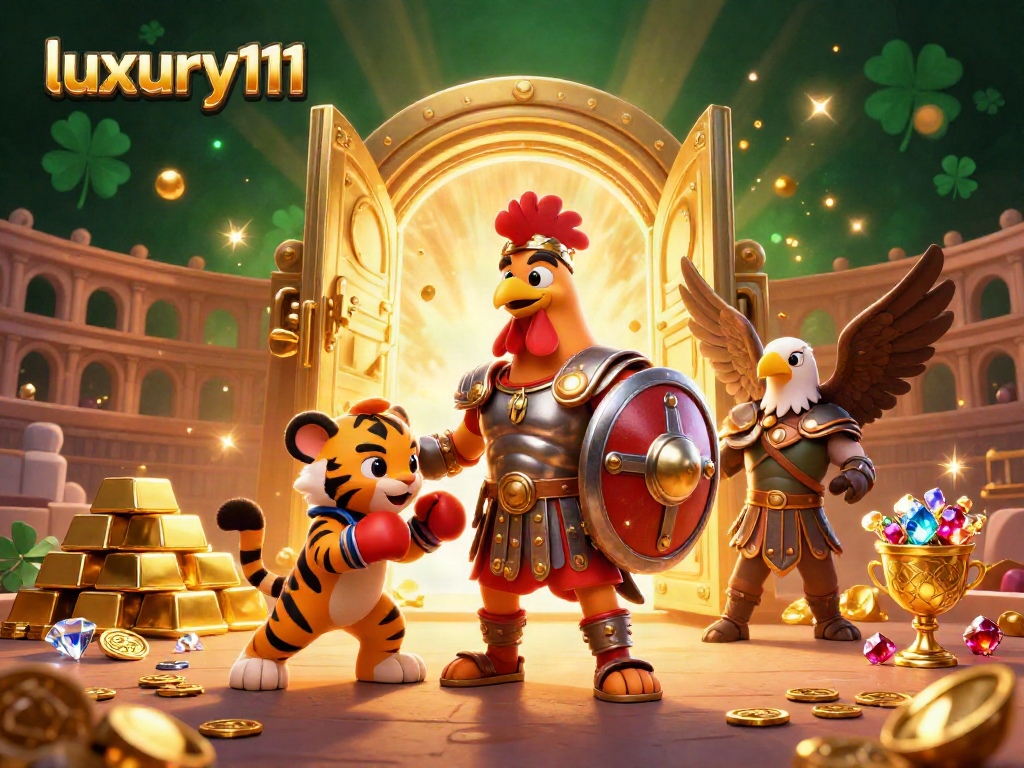 Engage with luxury111's thrilling 3D digital scene featuring a gladiator rooster and treasure galore.