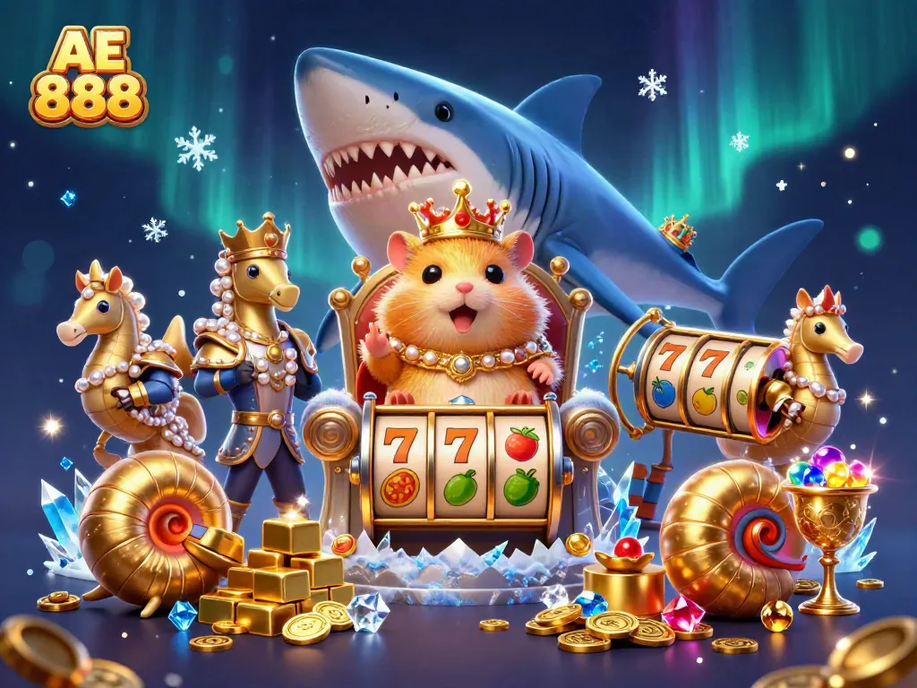 Win big at AE 888 with the golden hamster king amidst a vibrant casino treasure scene.