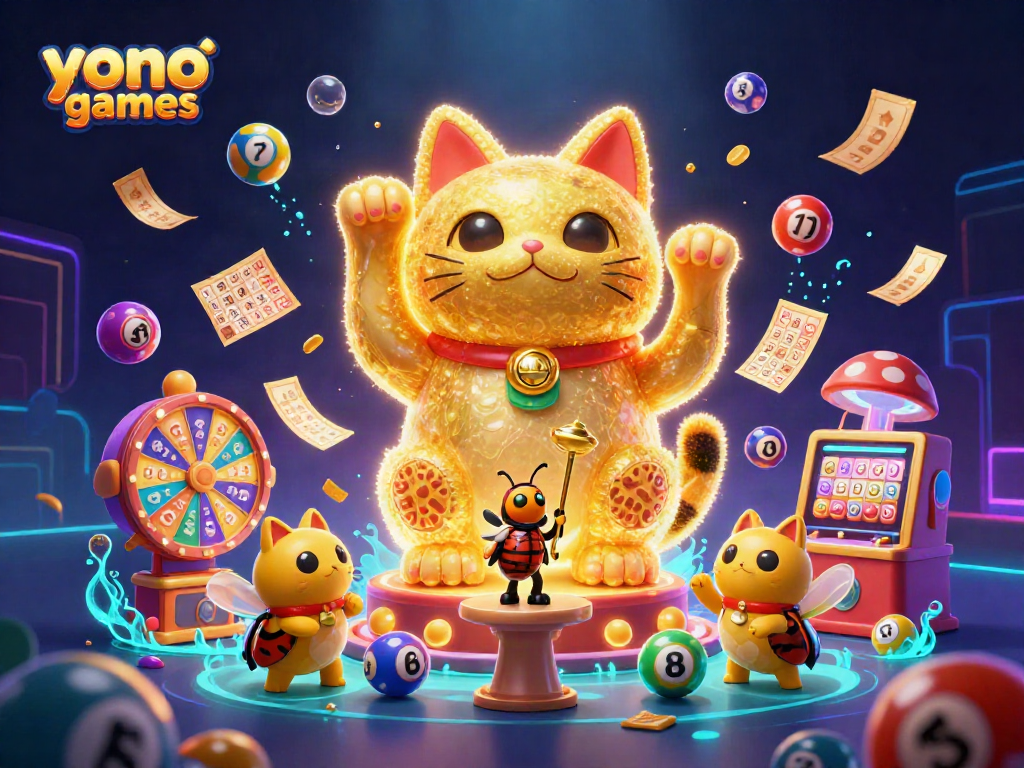 Engage with Yono Games through colorful lottery balls and a dynamic lucky cat illustration.