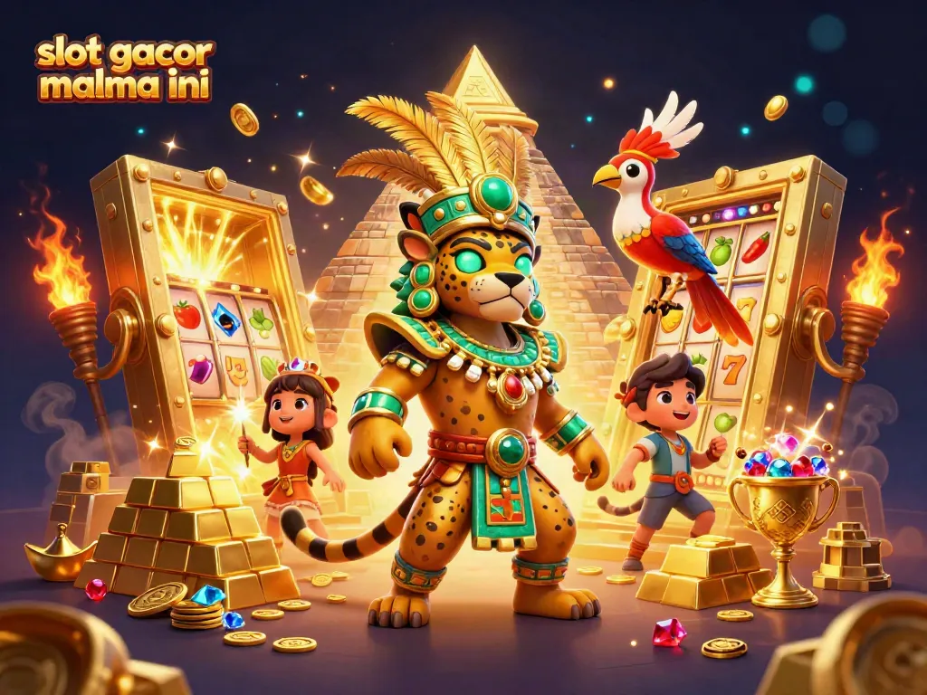 Spin and win with slot gacor malma ini, featuring a Mayan priest and treasures in a vibrant casino scene.