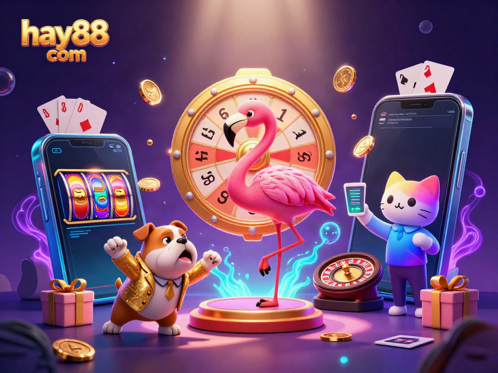 Spin your winnings at hay88 com with this lively casino scene featuring a flamingo host and excited players.
