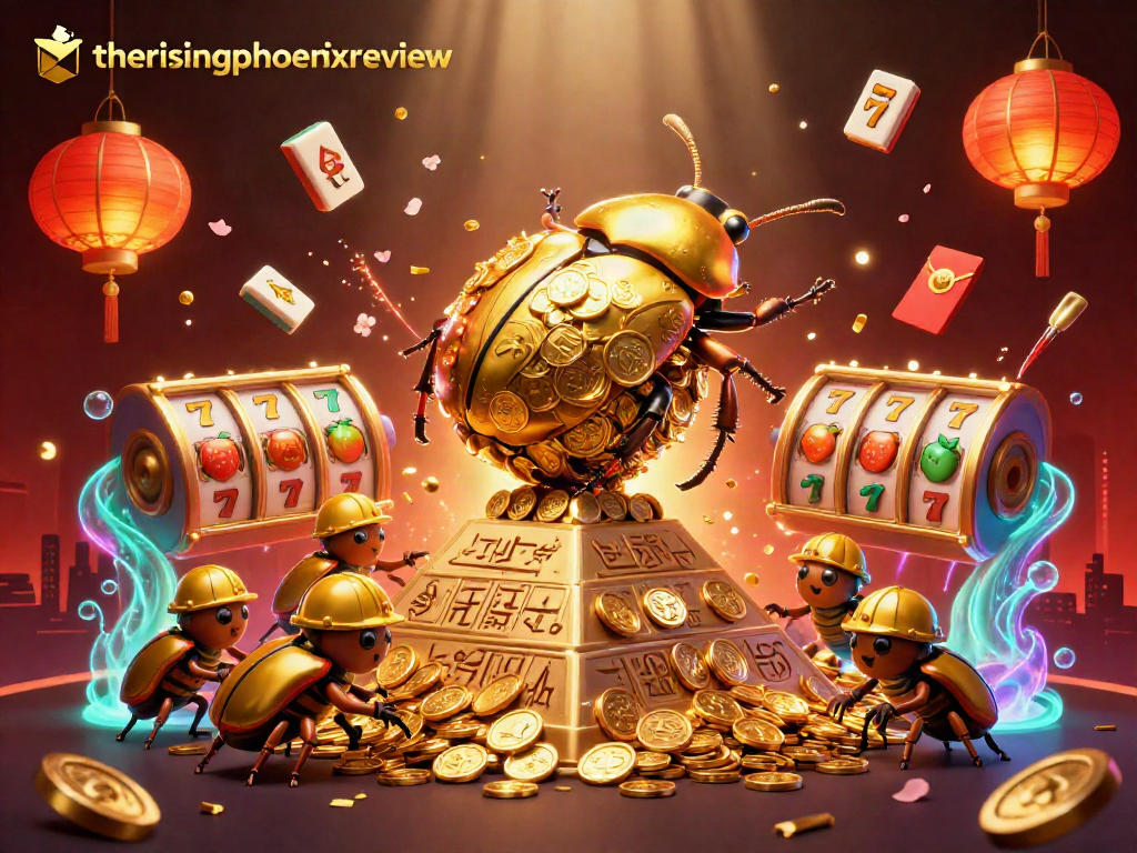 The rising phoenix review showcases a lively casino scene with golden beetles rolling coins in a vibrant gambling environment.