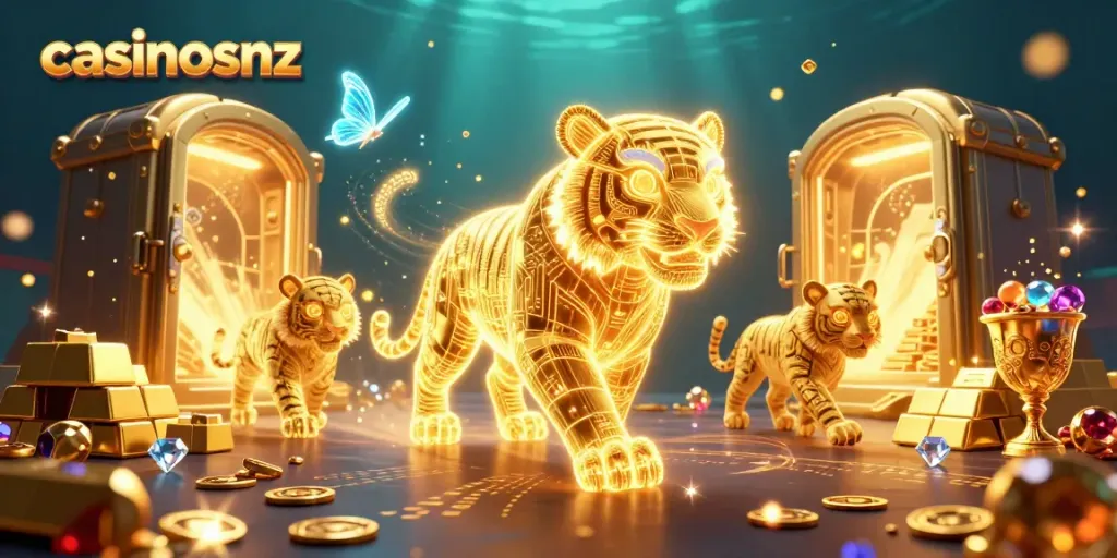 Experience the thrill of casinosnz with a vibrant 3D scene of a golden tiger and treasures.