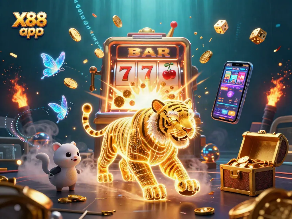 Experience the thrilling X88 app with a vibrant illustration of a neon tiger in a digital casino landscape bursting with games and excitement.