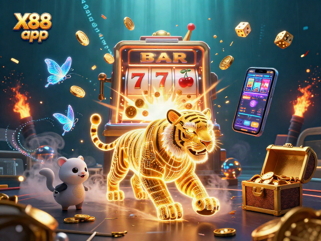 Experience the thrilling X88 app with a vibrant illustration of a neon tiger in a digital casino landscape bursting with games and excitement.