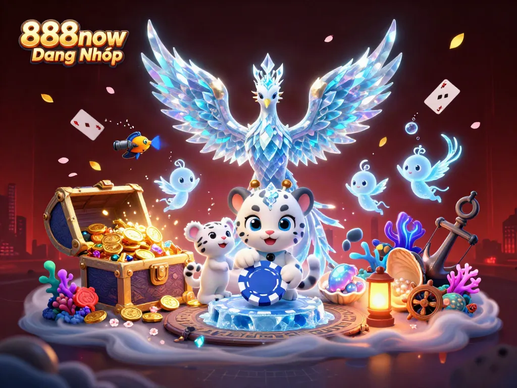 Experience thrilling gaming at 888now Đăng Nhập with a vibrant 3D illustration depicting enchanting characters and dynamic casino elements.