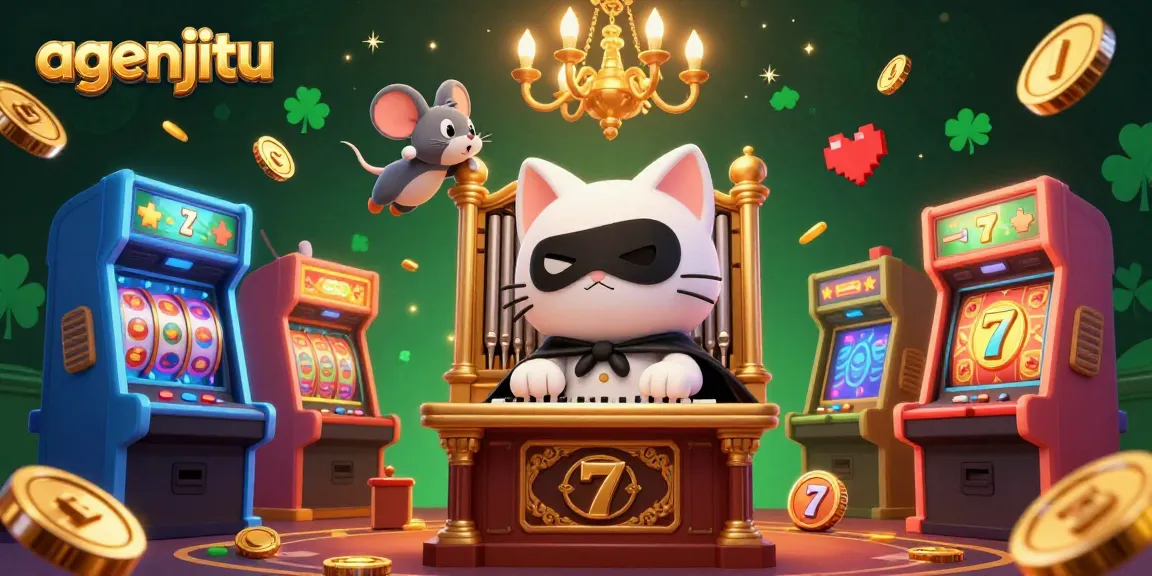 Gambarkan agenjitu dalam kasino, dengan kucing putih dan mouse akrobat beraksi di antara elemen permainan dan slot.