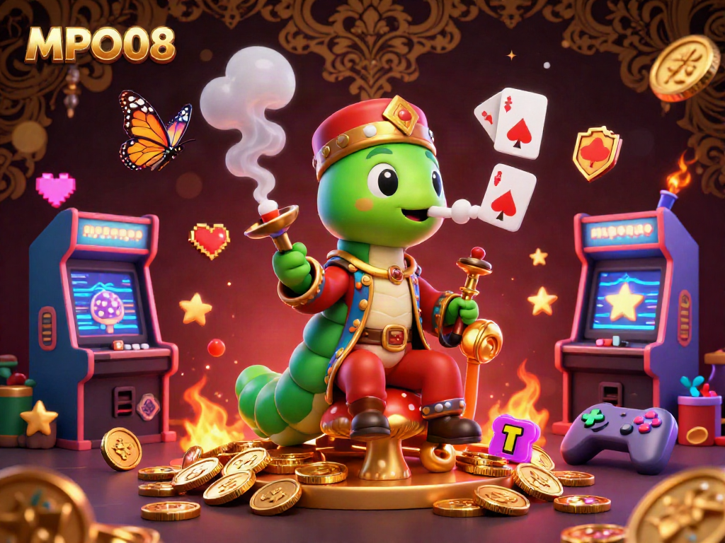 MPO08 showcases a vibrant 3D casino illustration featuring a caterpillar in a sultan outfit among gaming elements.