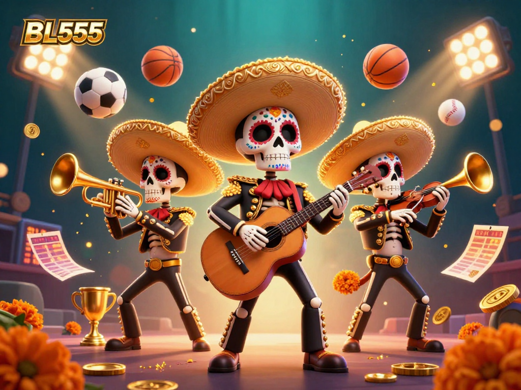 Engage in thrilling gameplay at BL555 with a vibrant Day of the Dead mariachi scene illustrating a dynamic online casino atmosphere.