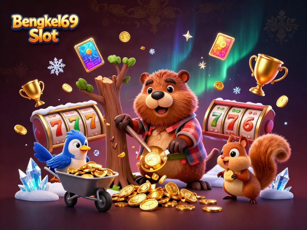 Engage with the Bengkel69 Slot theme in a vivid 3D cartoon scene with fun characters and slot elements.