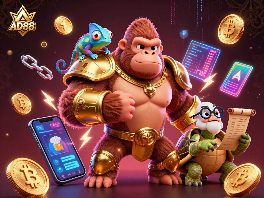 Engage with AD88's thrilling gaming experience as a mighty king and companions celebrate wins.