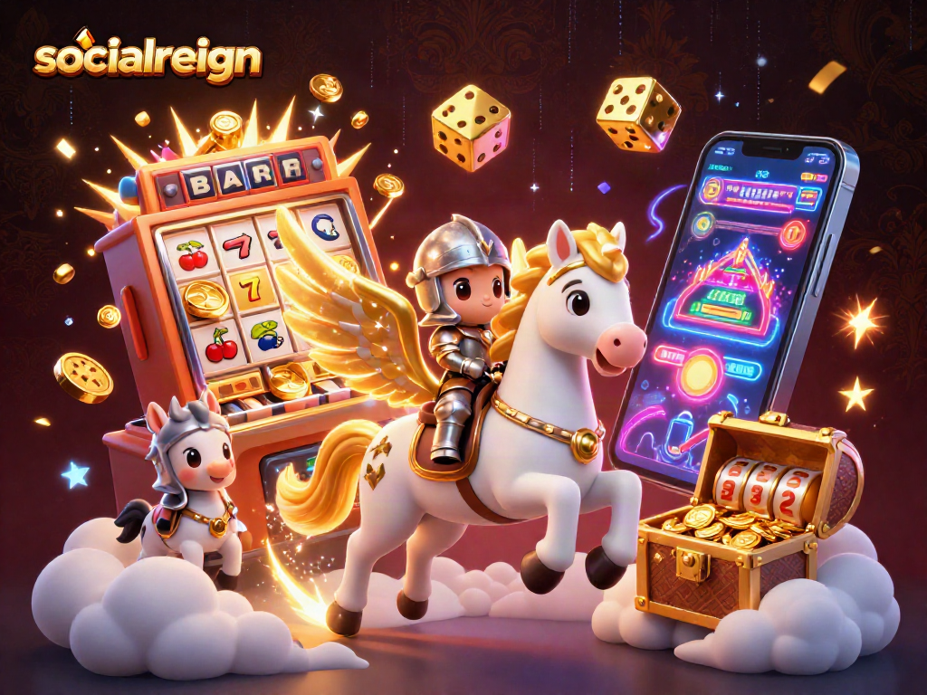 Engage with socialreign's thrilling slot machine action featuring celestial characters and jackpot excitement.