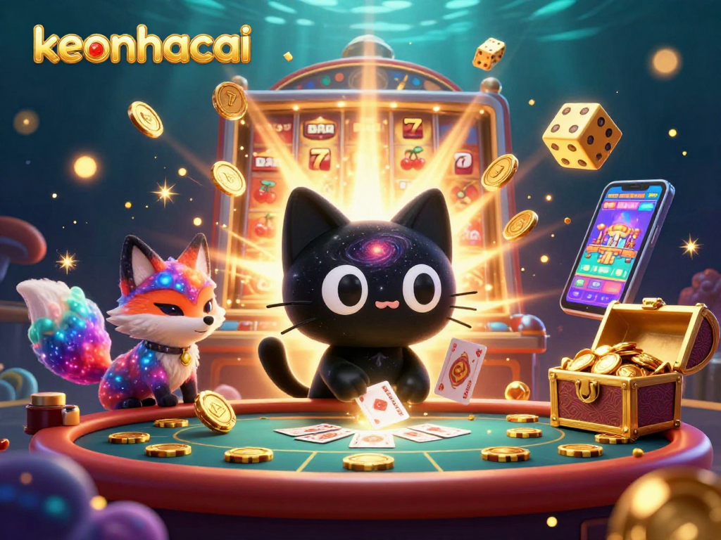 Engage with keonhacai's vibrant cosmic casino scene featuring a black hole cat and nebula fox.