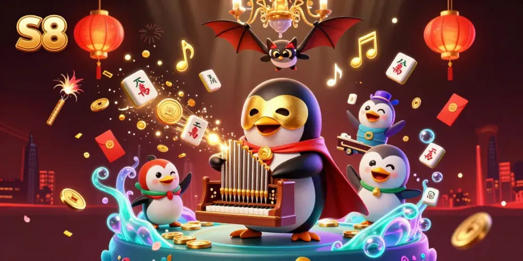 Experience the S8 casino magic with a lively penguin and bat illustration, featuring golden coins and festive elements.