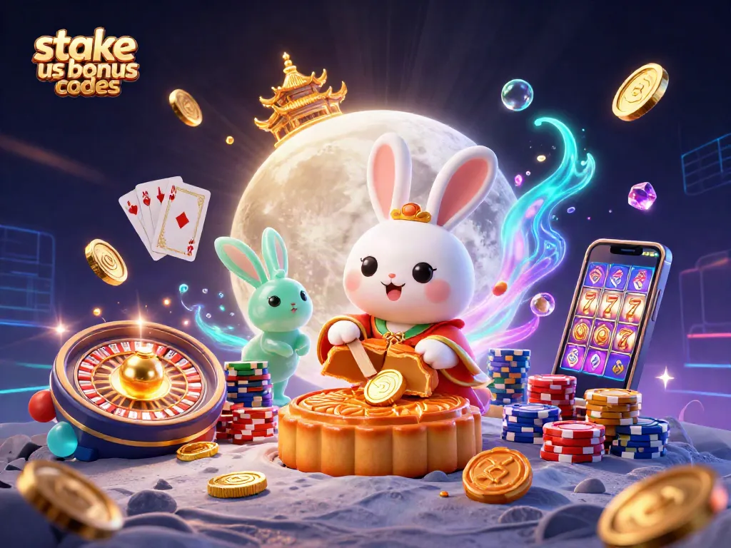 Win big with stake us bonus codes at a lively casino scene featuring rabbits, poker chips, and bonus coins.