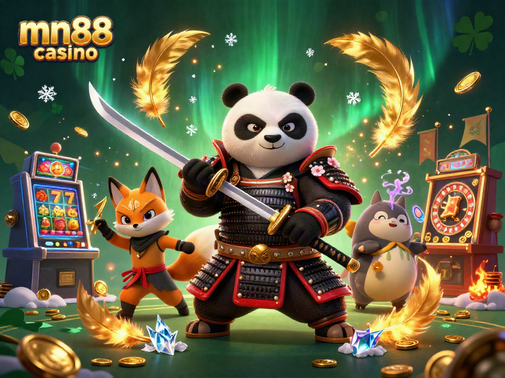 Engage in thrilling gameplay at mn88 casino with samurai panda and ninja fox amidst dazzling casino elements.