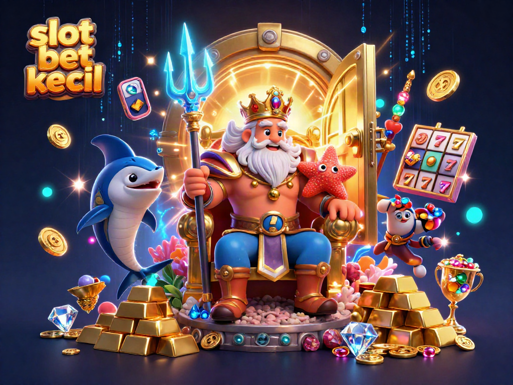 Experience slot bet kecil with Neptune surrounded by treasure in a dynamic casino theme illustration.