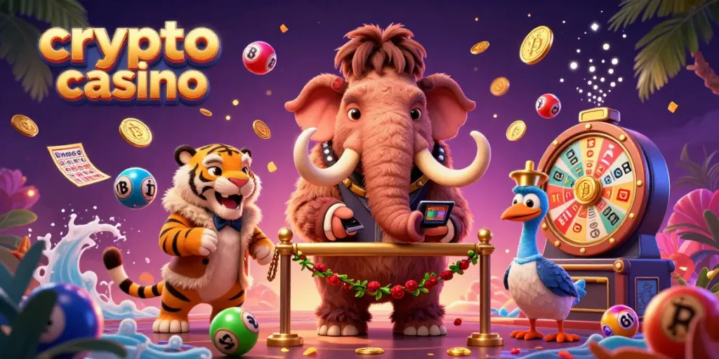 Experience the lively atmosphere of a crypto casino with colorful scenes and unique characters.