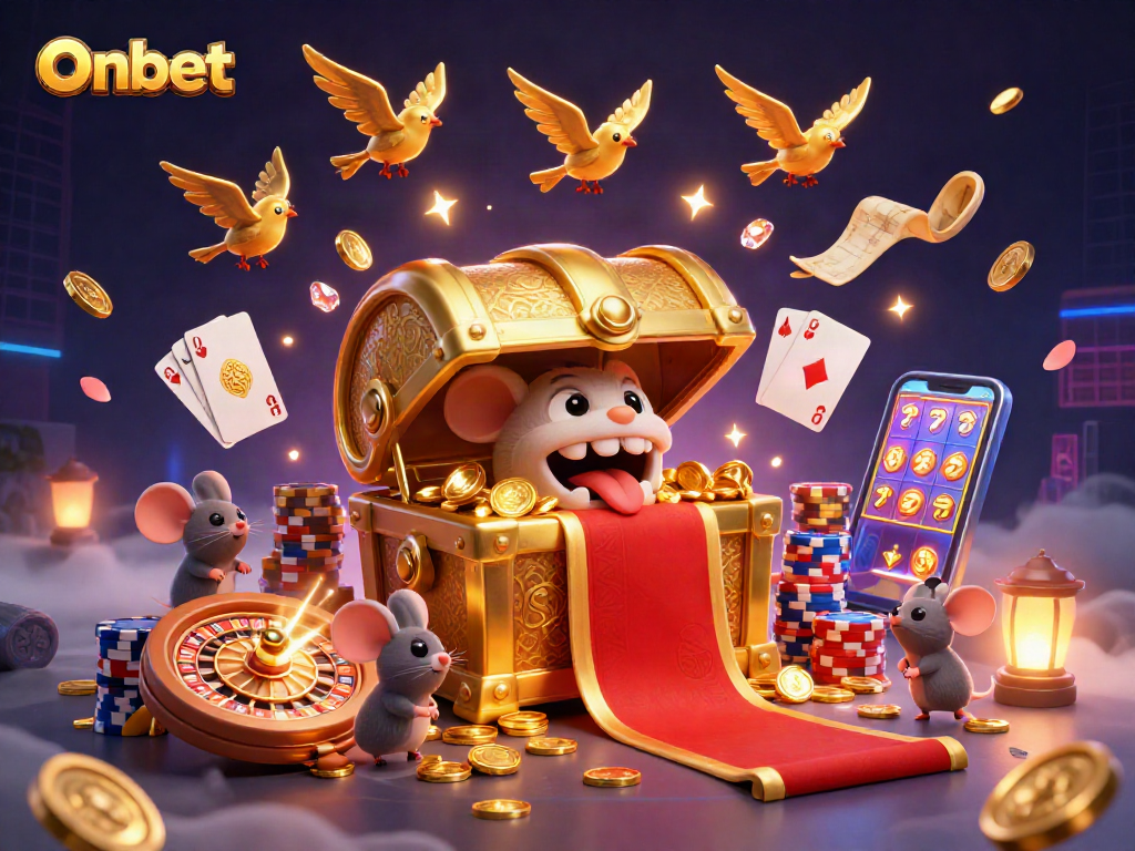 Onbet gambling scene showcasing a treasure chest with mice, gold coins, and vibrant casino elements.