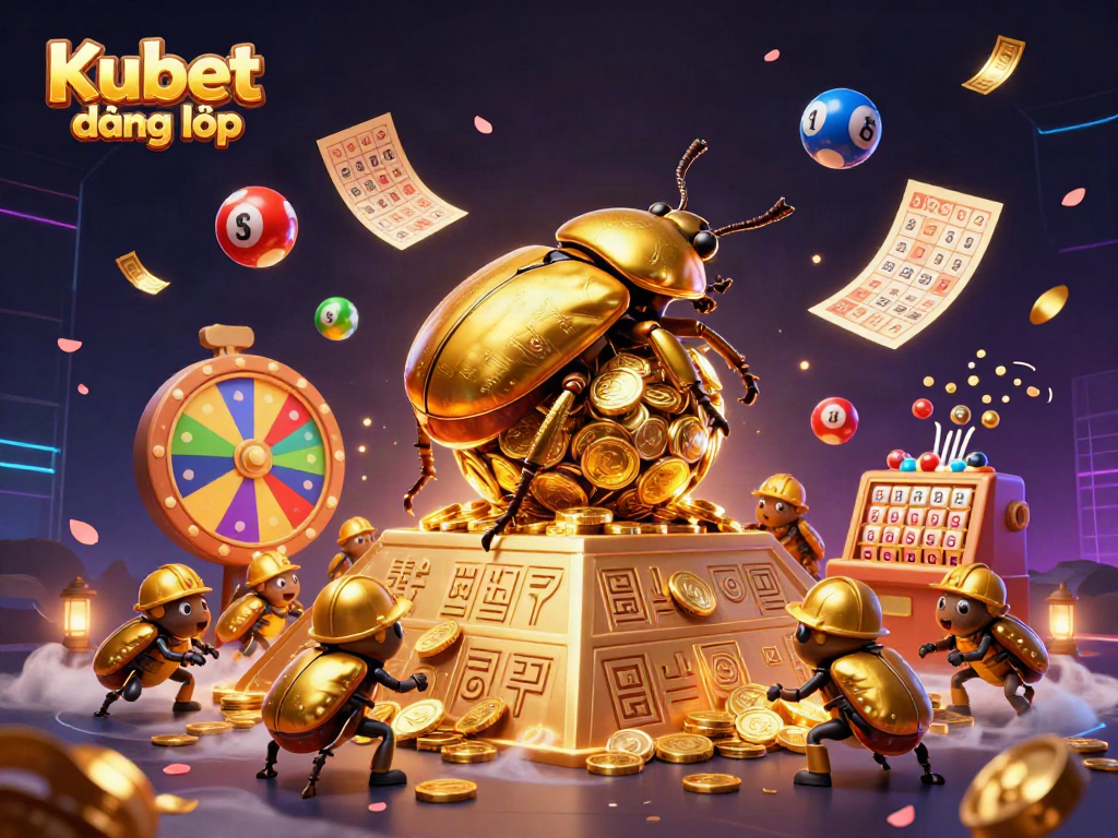 Engage in thrilling Kubet đăng nhập experiences with a vibrant 3D illustration showcasing a golden dung beetle and dynamic lottery elements.