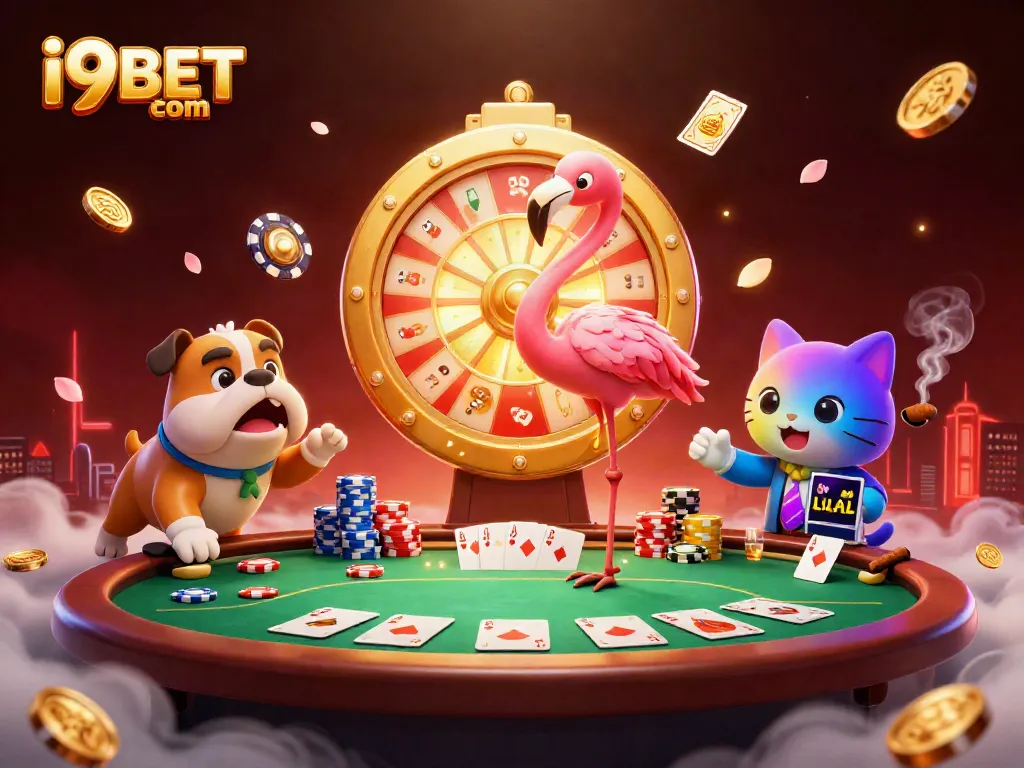 Spin the golden prize wheel at i9BET com with an excited bulldog contestant and charming flamingo host.